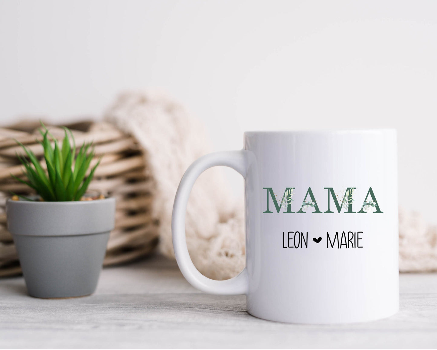 Tasse Kaffeebecher MAMA Eukalyptus- beidseitig bedruckt - personalisiert - Geschenk Muttertag Geburtstag Geburt Danke Blumen