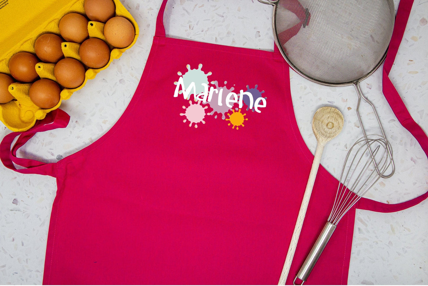 Kinderschürze personalisiert mit Farbklecksen und Name, zum Backen, Basteln und Gärtnern - Wunschname und 7 Farben - Kleckse Mädchen
