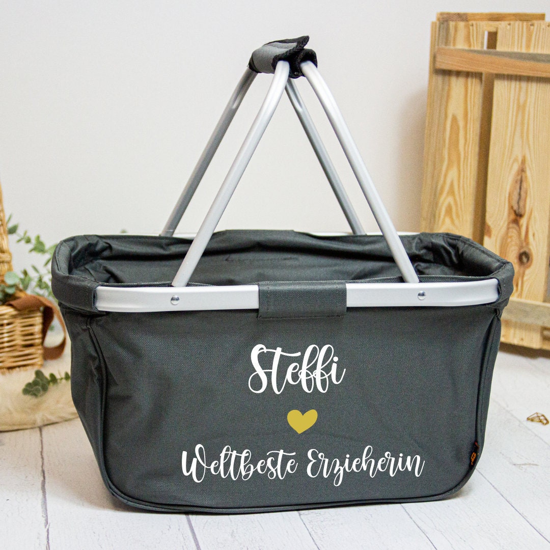 Geschenk für die Erzieherin - Einkaufskorb personalisiert - faltbar - Farbe navy blau grau schwarz