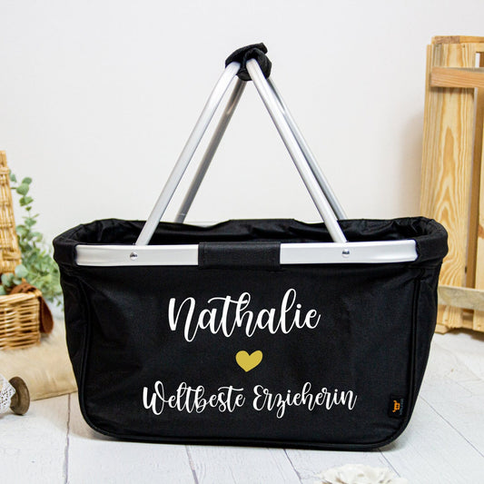 Geschenk für die Erzieherin - Einkaufskorb personalisiert - faltbar - Farbe navy blau grau schwarz