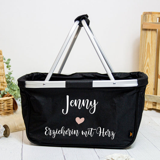 Abschiedsgeschenk Kindergarten - Einkaufskorb "Erzieherin mit Herz" personalisiert - faltbar - Farbe navy blau grau schwarz