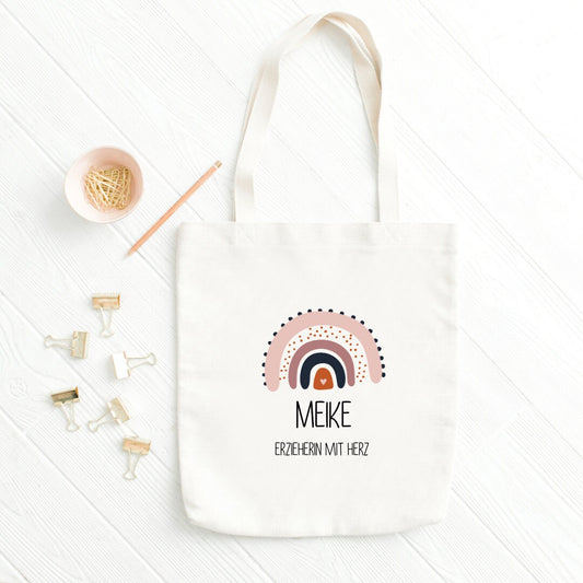 Geschenk für die Lehrerin oder Erzieherin - Abschiedsgeschenk oder Dankeschön - Stoffbeutel mit Regenbogen und Wunschtext -Stofftasche personalisierbar