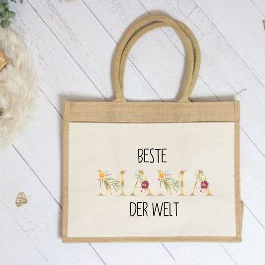 Mini Shopper "Beste Mama der Welt" kleine Einkaufstasche aus Canvas und Jute mit floralen Buchstaben