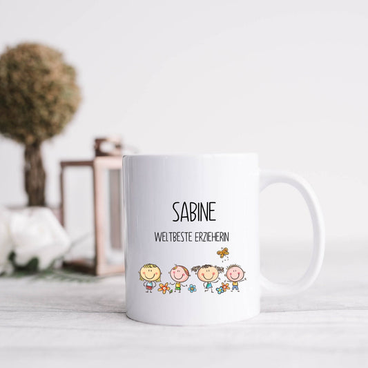 persönliches Abschiedsgeschenk für die Lehrerin oder Erzieherin - Tasse mit Kindern - Text frei wählbar