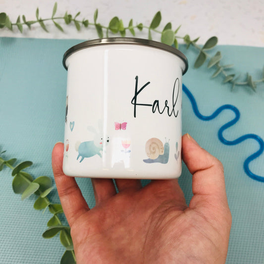 Kinderbecher mit Namen - Tasse Emailletasse Kindertasse Becher personalisiert - Waldtiere