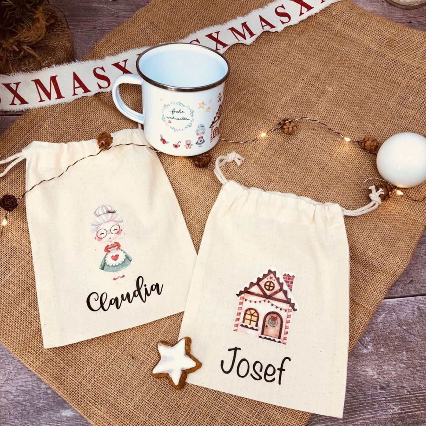 personalisierter Beutel für Weihnachten - ideal als kleine Geschenkverpackung, für Süßigkeiten oder Geld - verschiedene Designs mit Namen