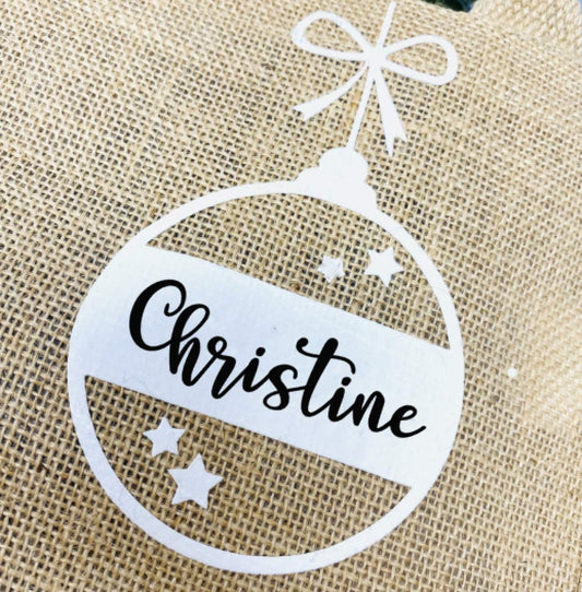 Jutebeutel Tasche aus Jute klein - personalisiert mit Weihnachtskugel und Namen - persönliche Geschenkverpackung - nachhaltig
