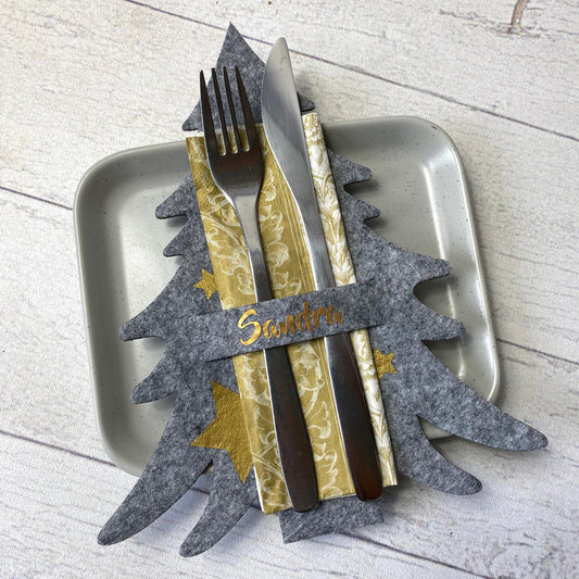 Tannenbaum Besteckhalter Set für Weihnachten aus Filz - personalisiert mit Namen - perfekt als Platzkarte - Design Sterne