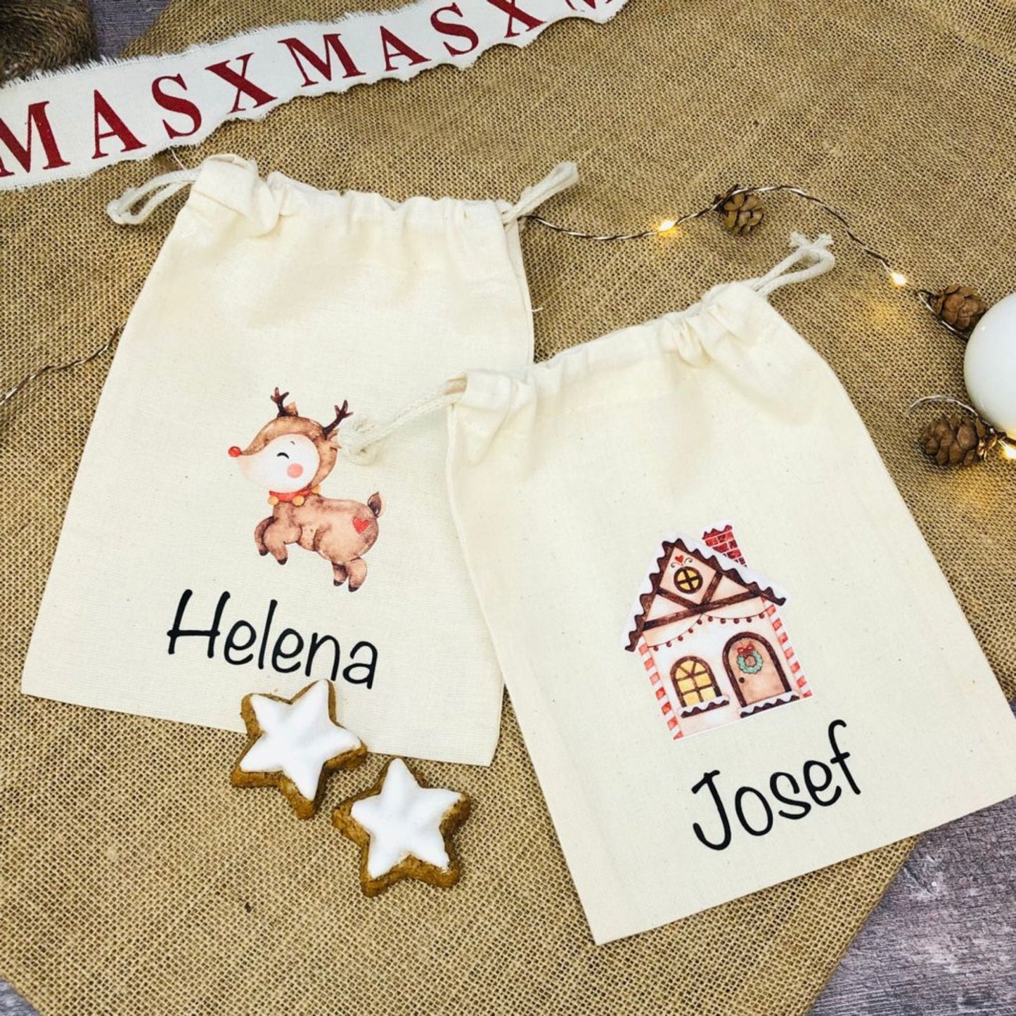 personalisierter Beutel für Weihnachten - ideal als kleine Geschenkverpackung, für Süßigkeiten oder Geld - verschiedene Designs mit Namen