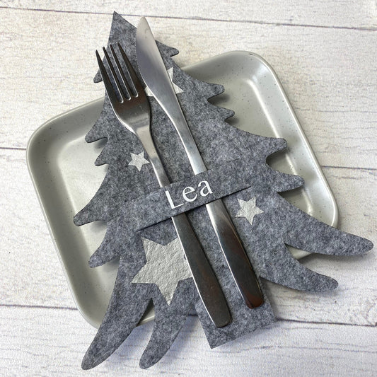 Tannenbaum Besteckhalter Set für Weihnachten aus Filz - personalisiert mit Namen - perfekt als Platzkarte - Design Sterne