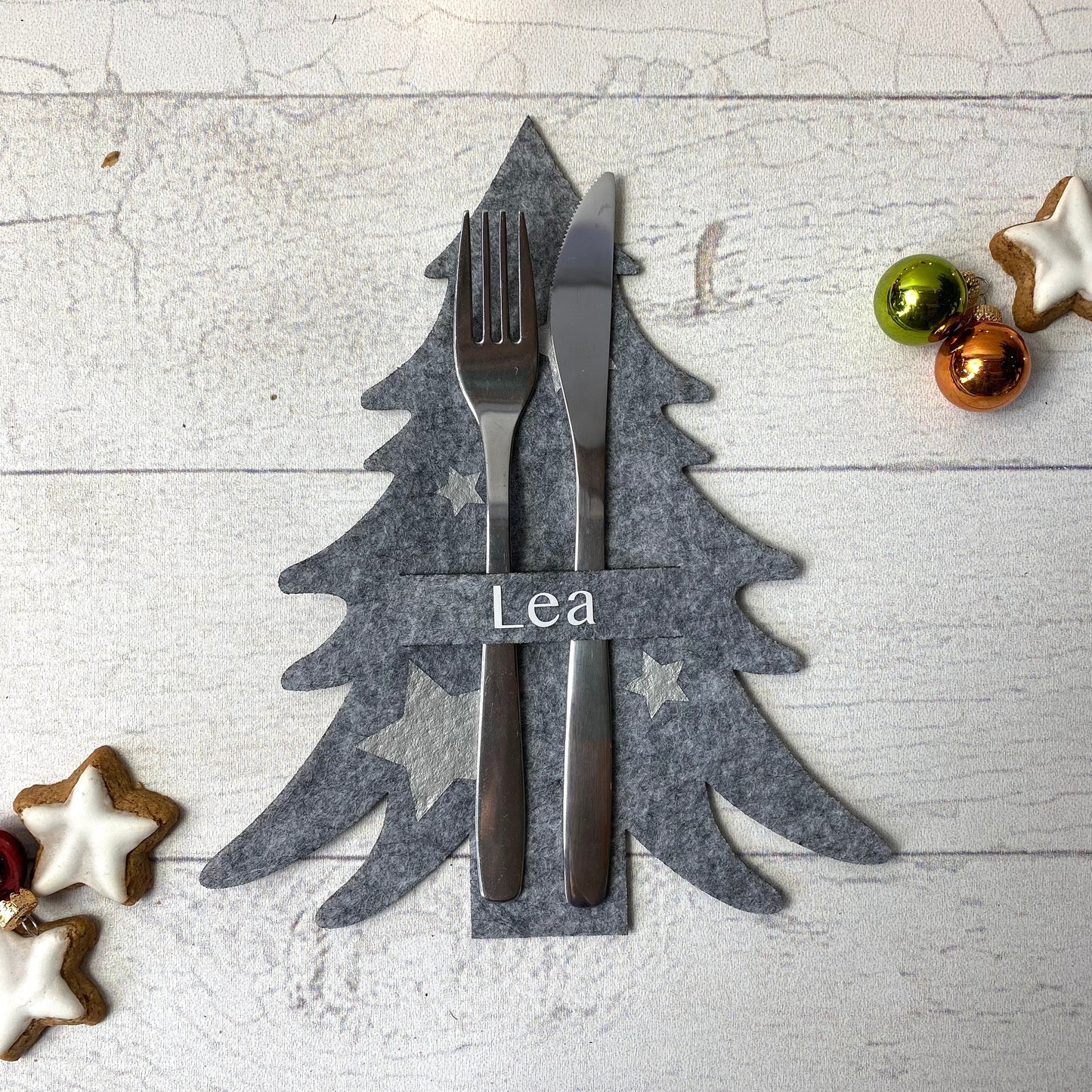 Tannenbaum Besteckhalter Set für Weihnachten aus Filz - personalisiert mit Namen - perfekt als Platzkarte - Design Sterne