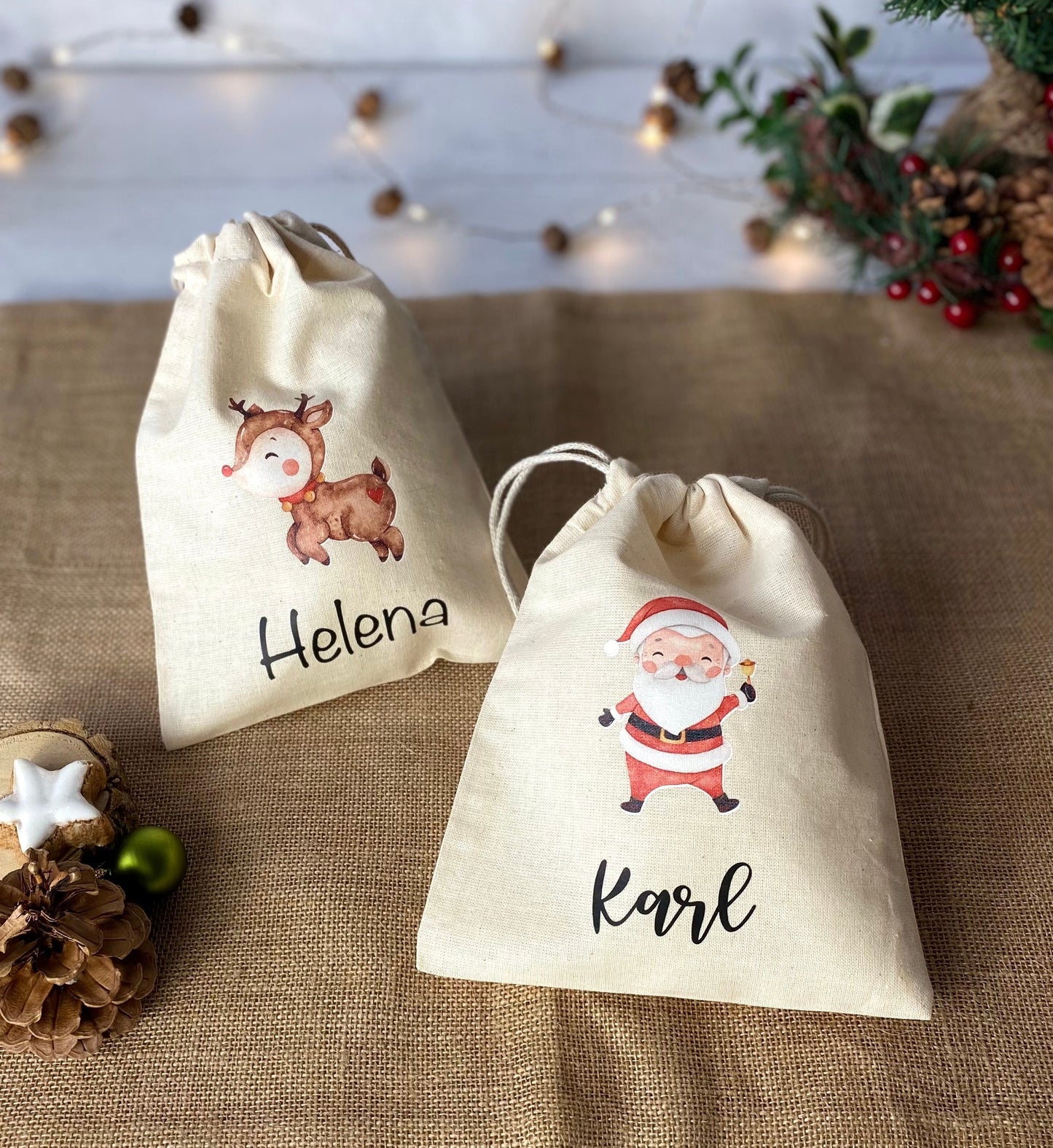 personalisierter Beutel für Weihnachten - ideal als kleine Geschenkverpackung, für Süßigkeiten oder Geld - verschiedene Designs mit Namen