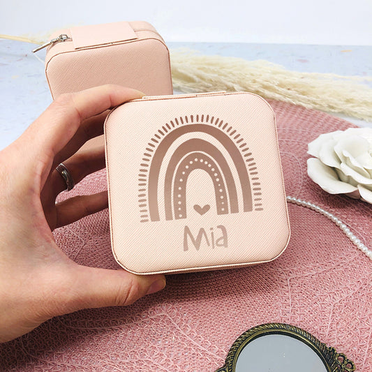Schmuckschatulle Etui Mädchen - Geschenk Kommunion Einschulung Geburtstag - personalisiert mit Regenbogen und Namen - ROSA