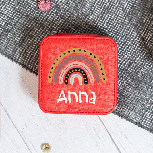 Schmucketui rot - personalisiert mit Namen und Regenbogen- Geschenk Kommunion Einschulung Geburtstag - Reiseetui - Schmuckschatulle