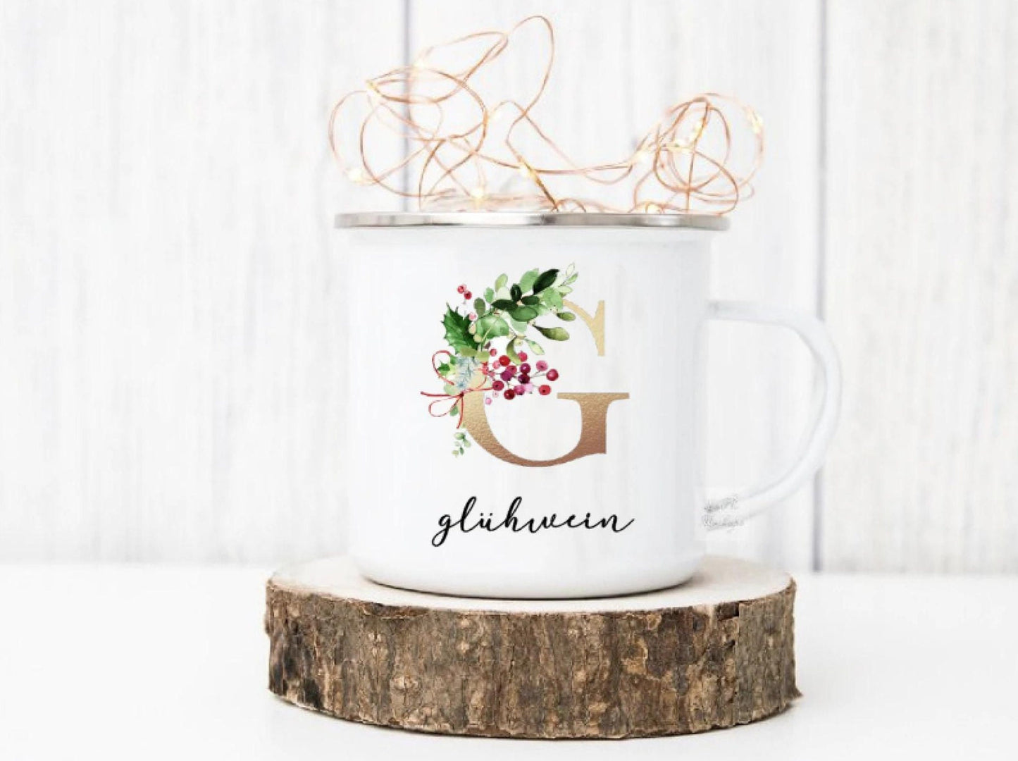 Emaille Tasse - personalisiert mit Initial und Namen - Design Greenery
