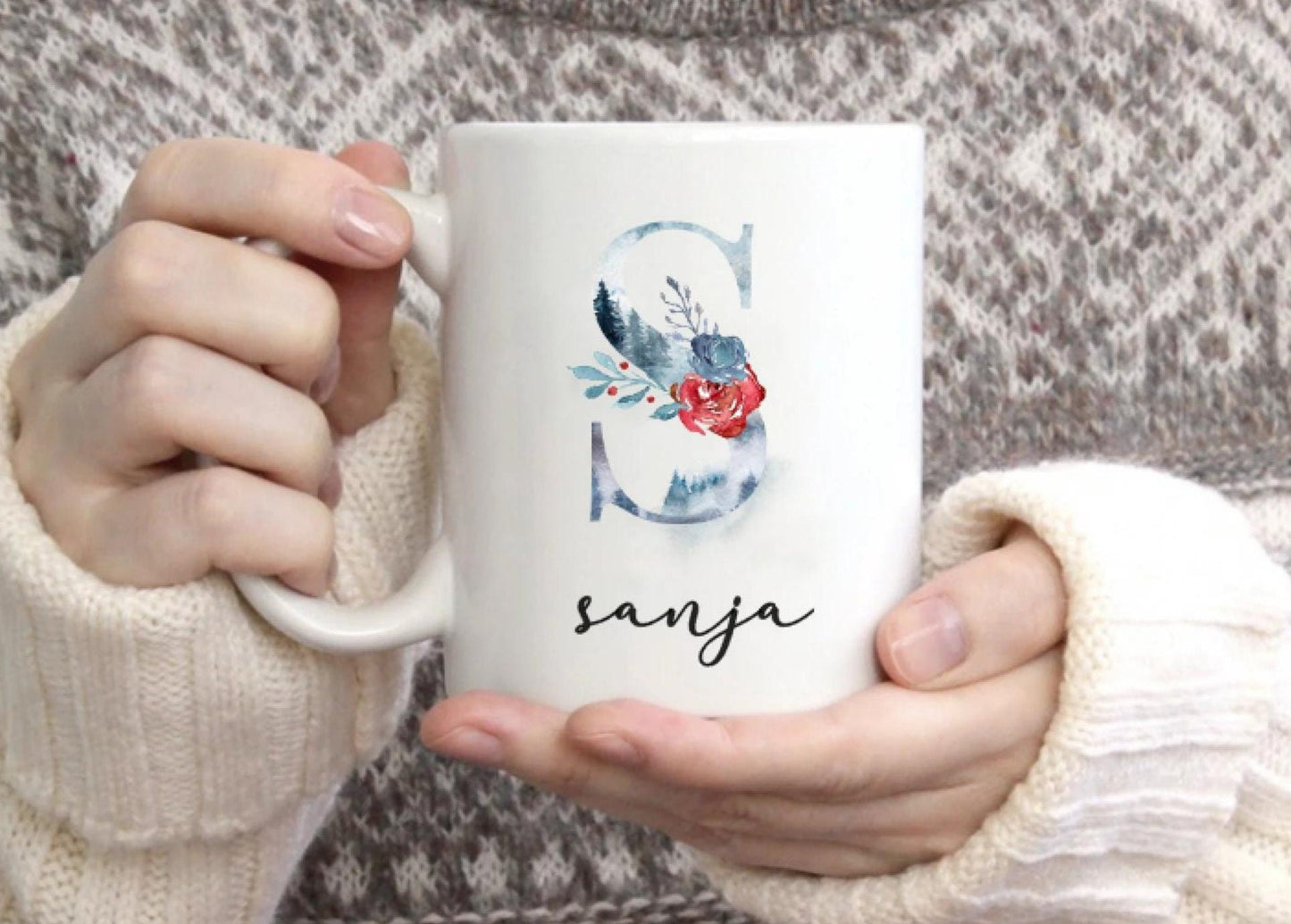 Keramik Tasse Weihnachten - personalisiert mit Initial und Namen - Design Wald