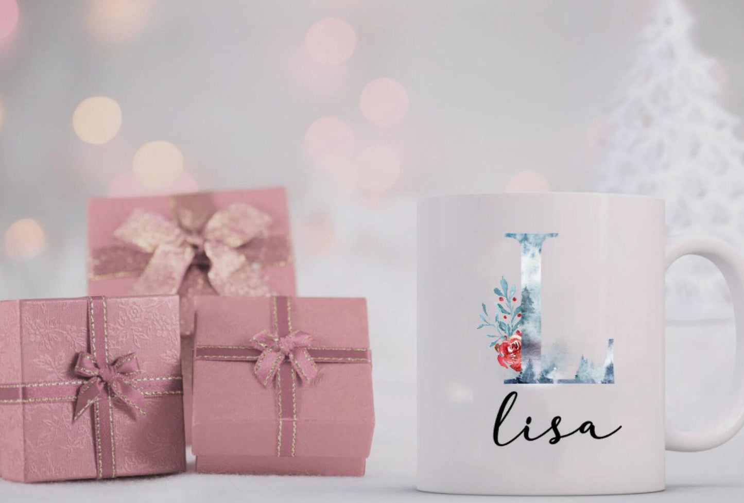 Keramik Tasse Weihnachten - personalisiert mit Initial und Namen - Design Wald