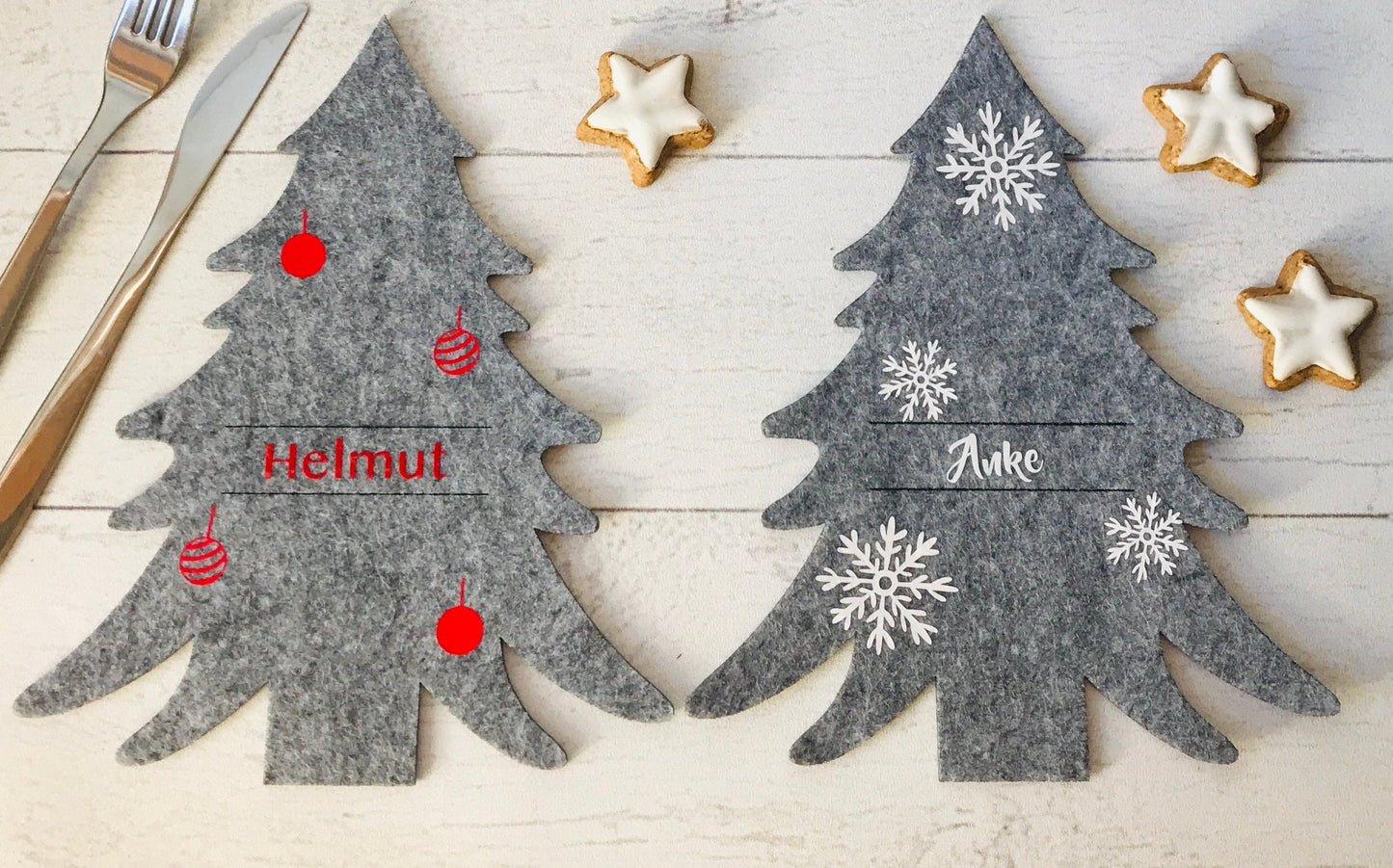 Tannenbaum Besteckhalter Set für Weihnachten aus Filz - personalisiert mit Namen - perfekt als Platzkarte - Design Sterne