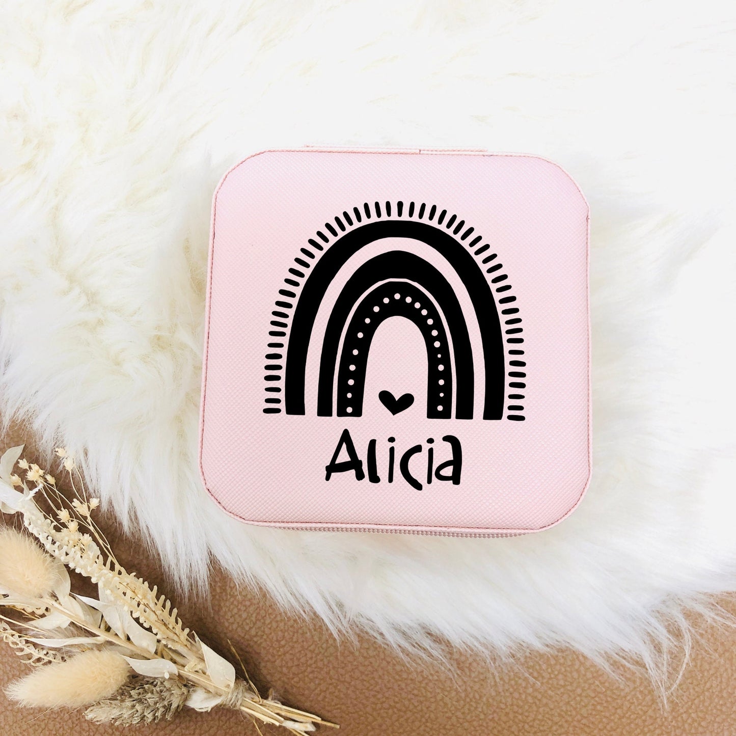 Schmuckaufbewahrung Etui Mädchen - Geschenk Kommunion Einschulung Geburtstag - personalisiert mit Regenbogen und Namen - ROSA