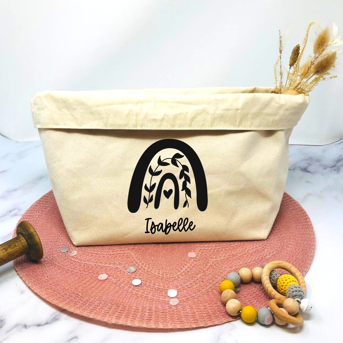 Utensilo Aufbewahrungskörbchen Kinderzimmer Baby Stoff natur personalisiert mit Namen und Regenbogen