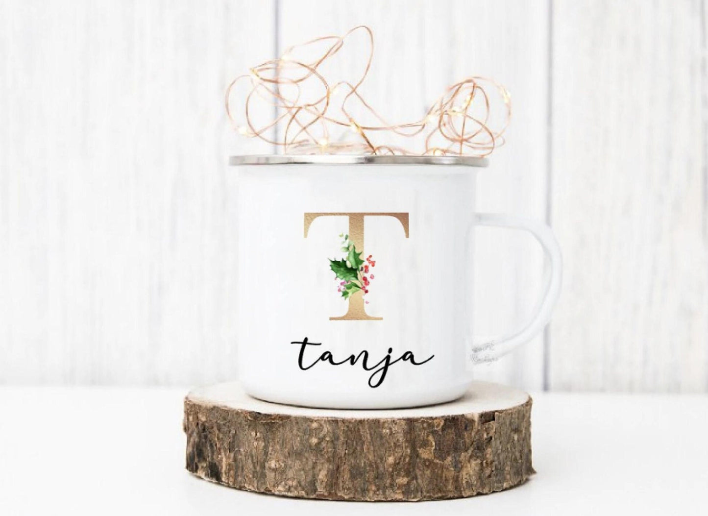 Emaille Tasse - personalisiert mit Initial und Namen - Design Greenery