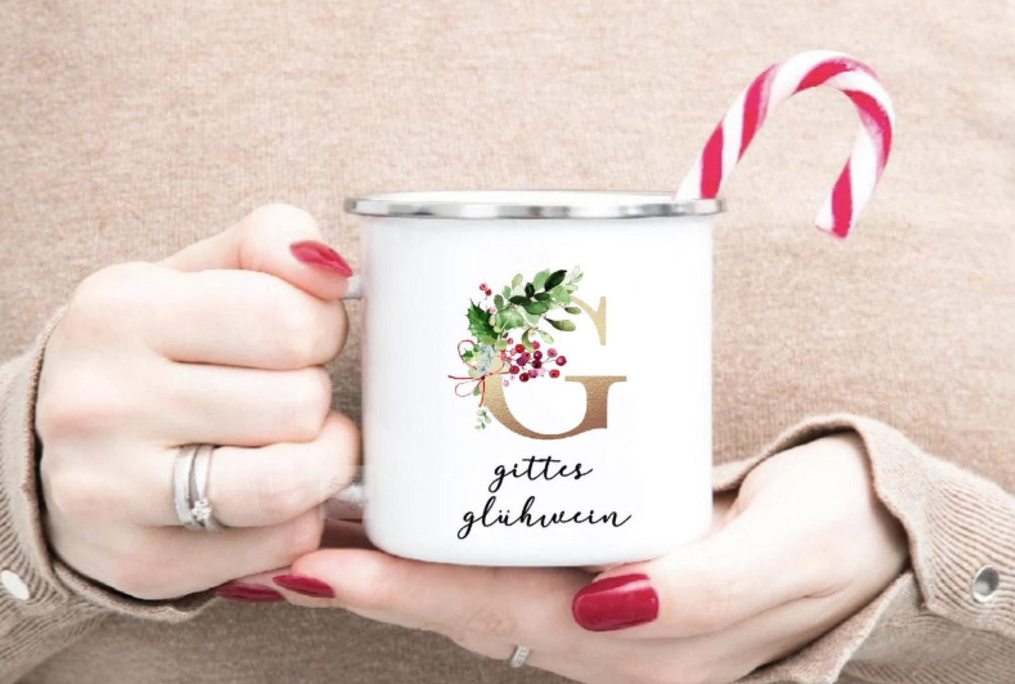 Emaille Tasse - personalisiert mit Initial und Namen - Design Greenery