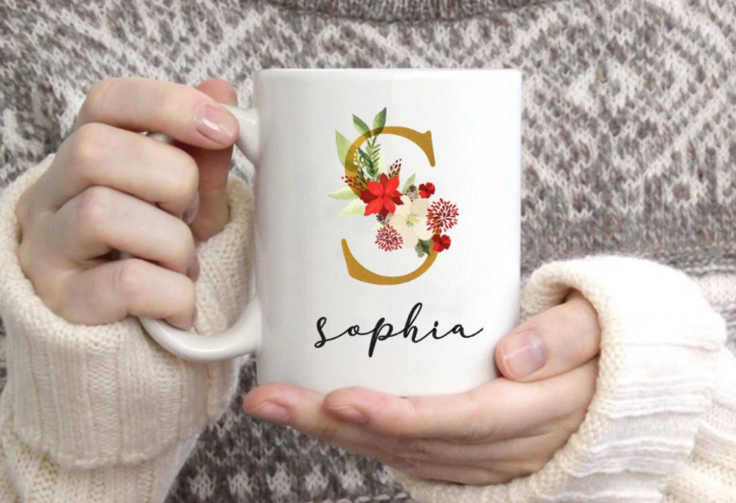 Keramik Tasse Weihnachten - personalisiert mit Initial und Namen - Design Klassisch