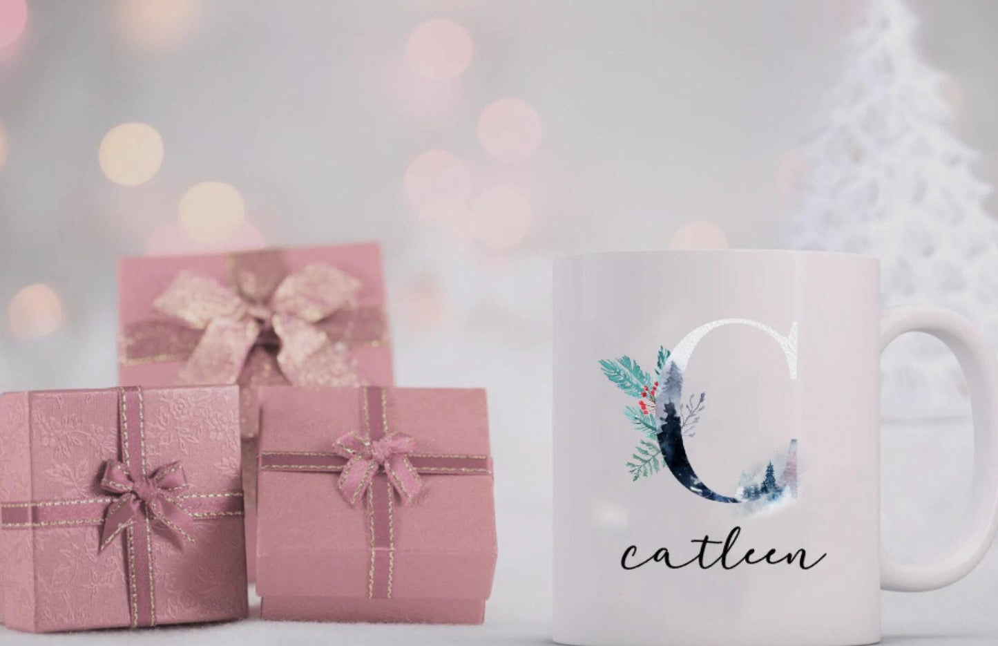 Keramik Tasse Weihnachten - personalisiert mit Initial und Namen - Design Wald
