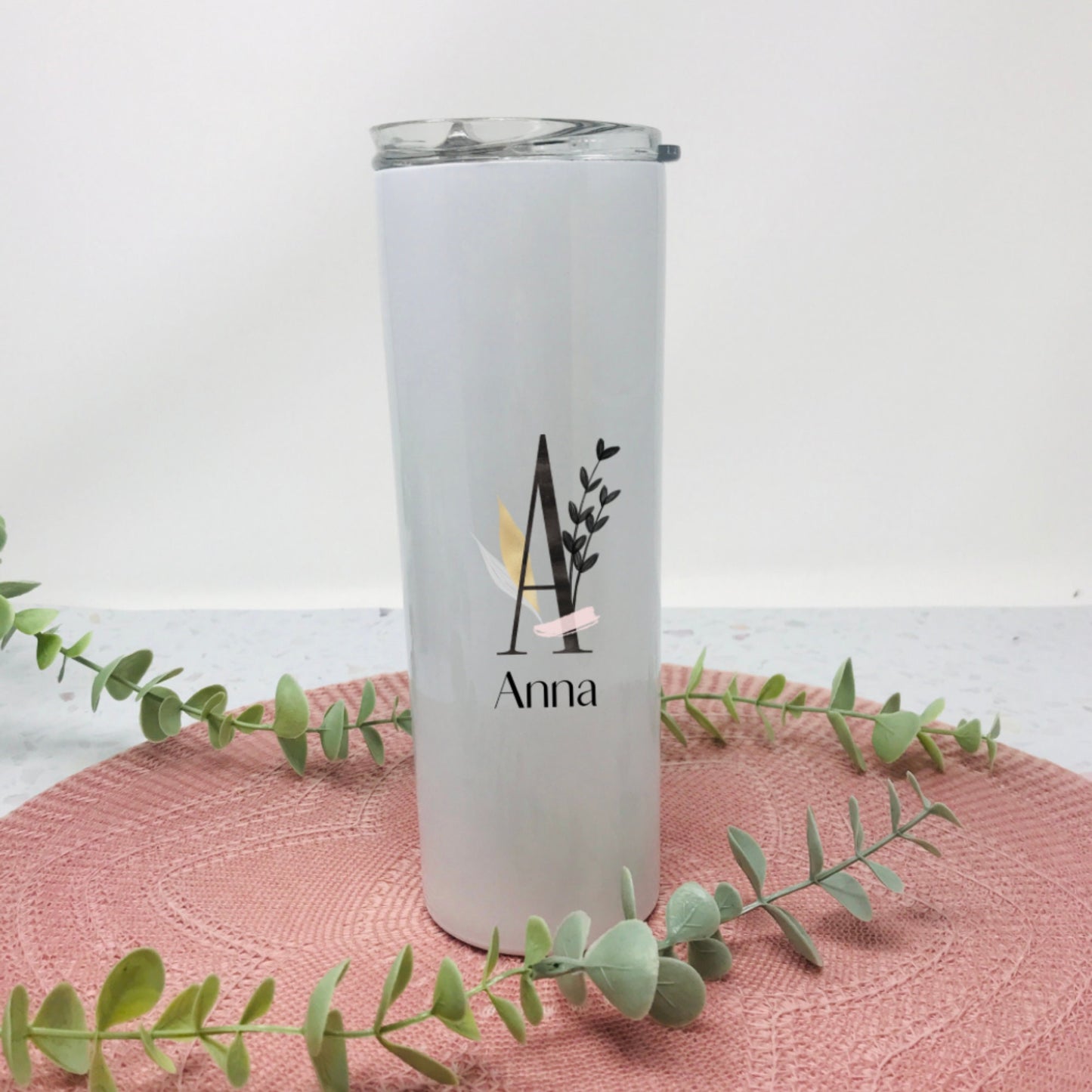 Großer Thermobecher to Go personalisiert - weiß oder gelb - Initial Floral