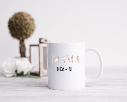 Tasse Kaffeebecher MAMA - beidseitig bedruckt - personalisiert - Geschenk Muttertag Geburtstag Geburt Danke Blumen