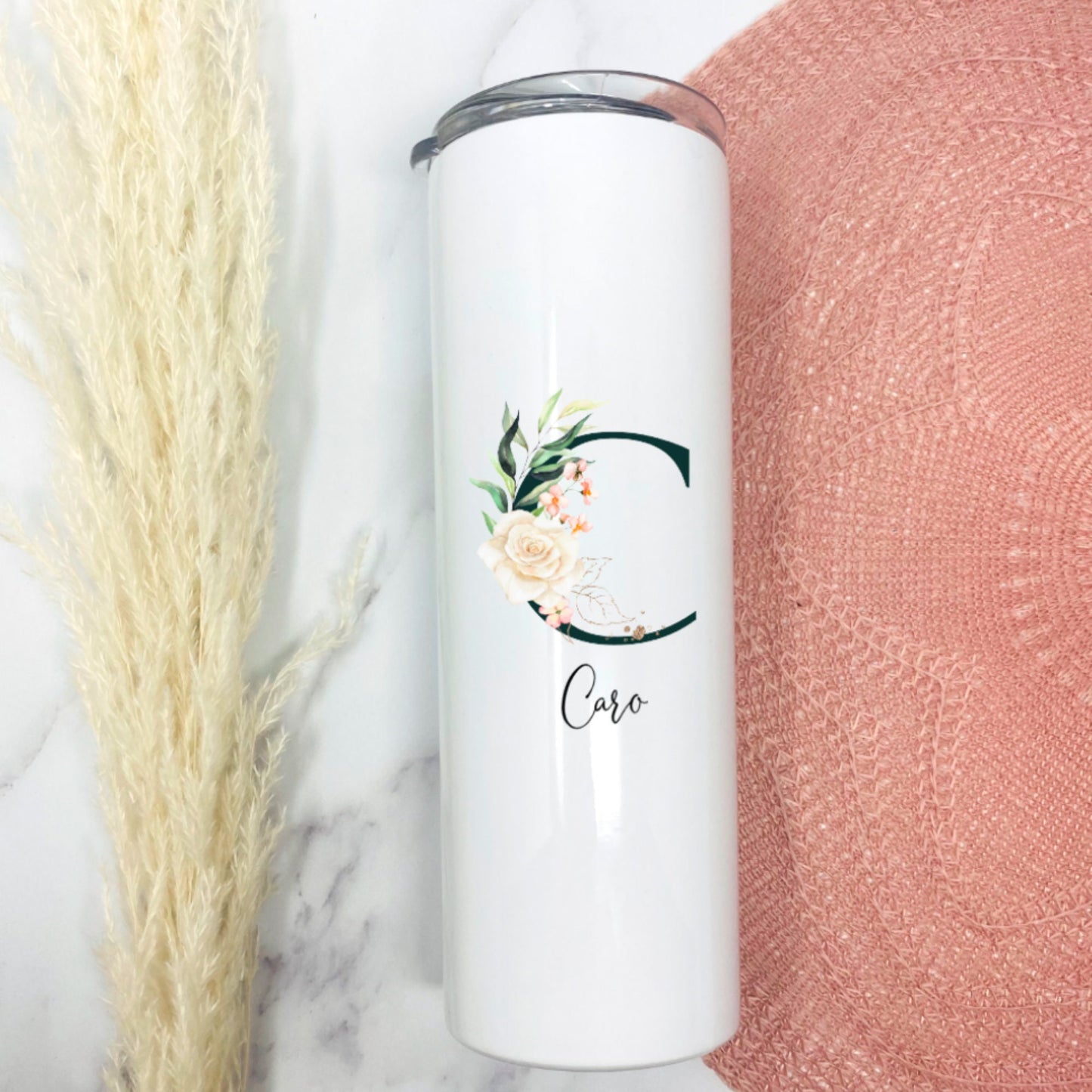 Großer Thermobecher to Go personalisiert - weiß oder gelb - florales Initial - Design PEONY T2