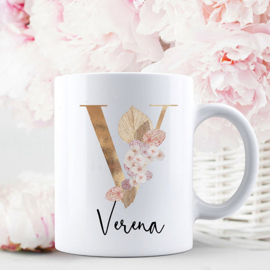 Tasse personalisiert mit Namen und Initial Gold Blumen Pampas Boho - Kollektion PAMPAS