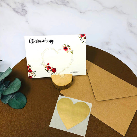 Rubbelkarte zum selbst beschriften Rot Gold - mit Umschlag und Rubbelherz - Patentante Schwangerschaft Geburtstag