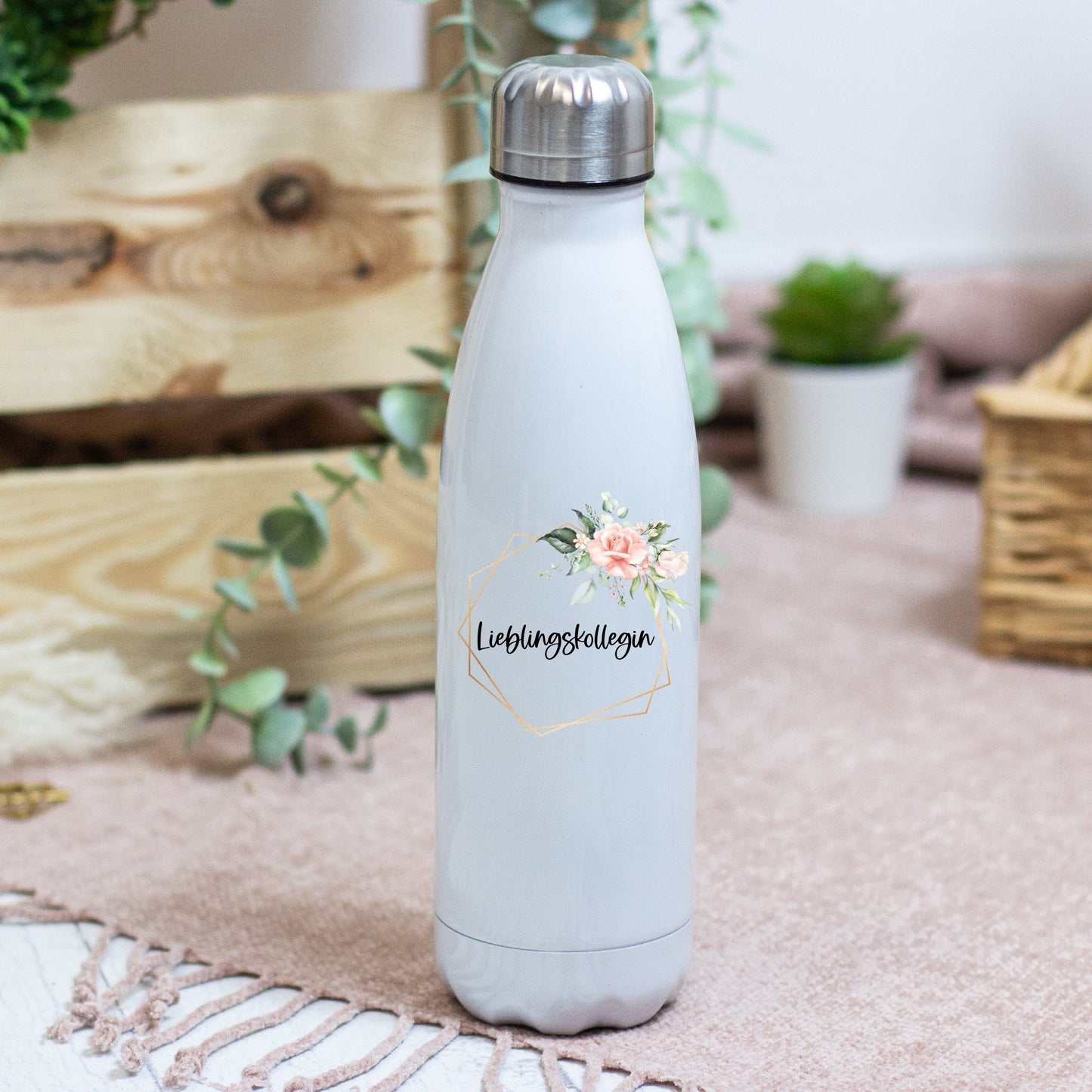 Thermoskanne Trinkflasche Edelstahl personalisiert Blumenrahmen Gold - Design PEONY - tolle Geschenkidee für Sie!