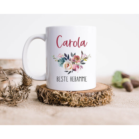 Tasse Hebamme mit Blumenbouquet - personalisiert - Geschenk Dankeschön für die Hebamme, Erzieherin Lehrerin - Kaffeetasse mit Namen