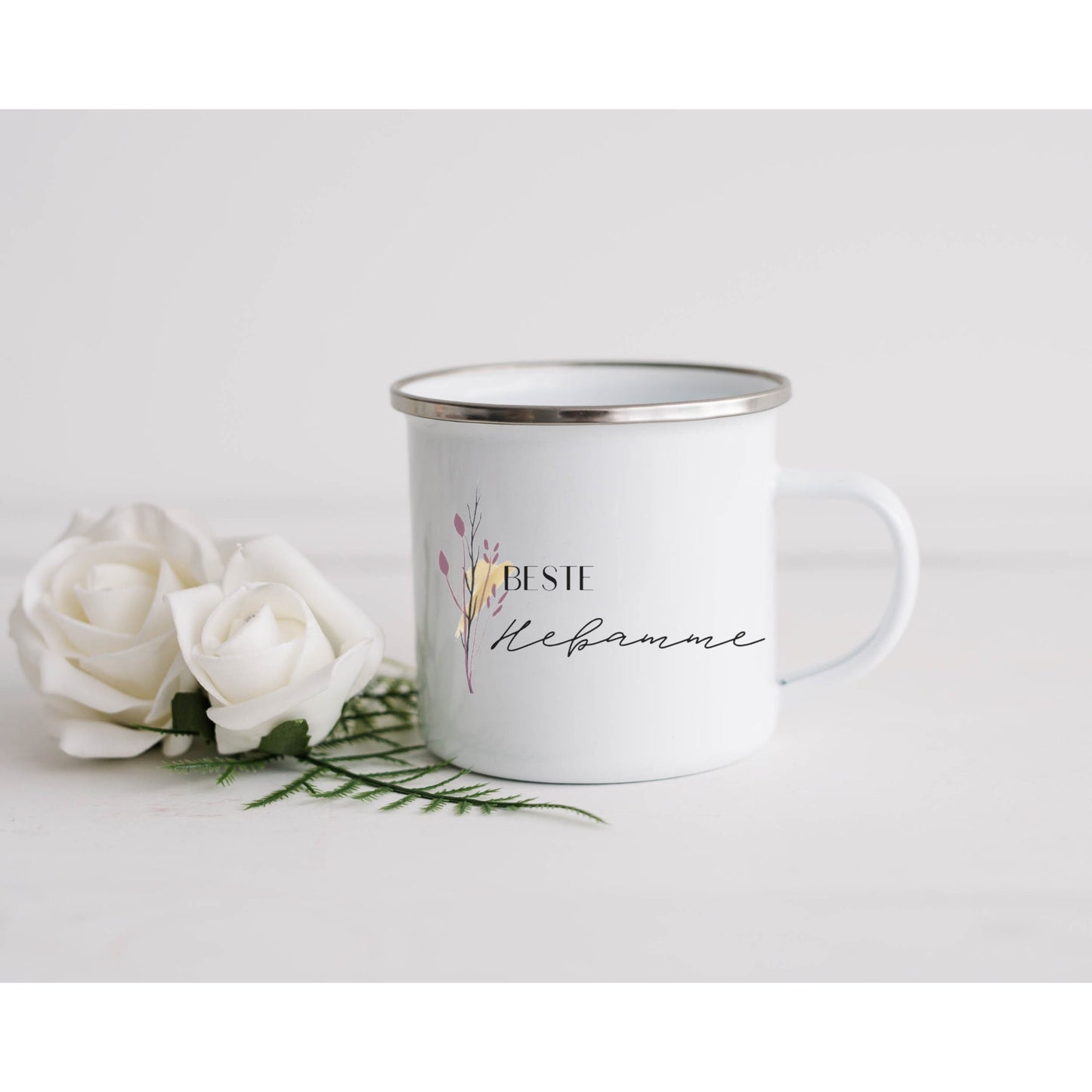 Geschenk Hebamme Geburt - Tasse Emailletasse Becher Dankeschön personalisiert Florales Design