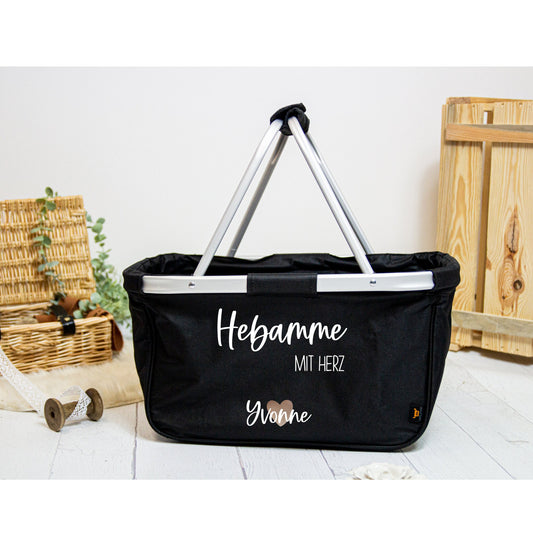 Geschenk Hebamme - personalisierter Einkaufskorb mit Name - Hebamme mit Herz - verschiedene Farben - faltbar - Farbe Grau, Navy oder Schwarz