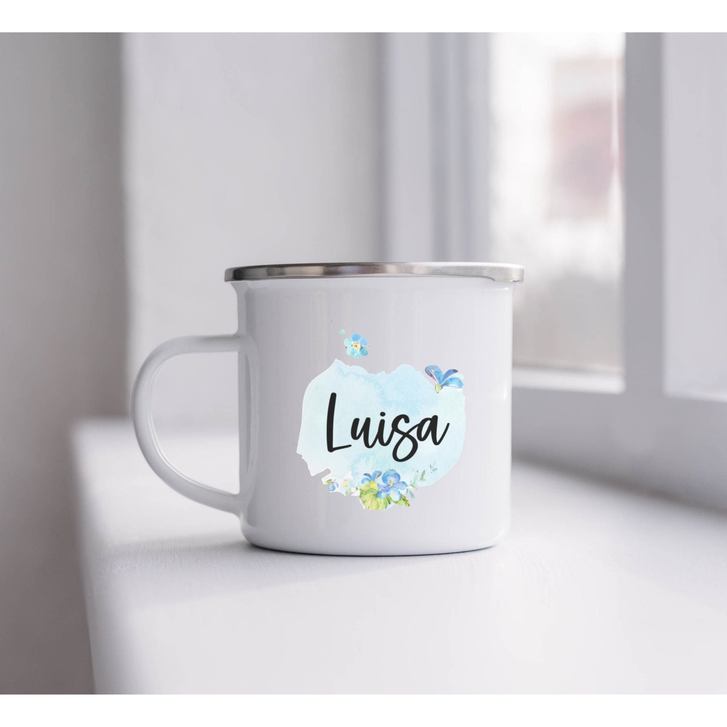 Geschenk Mama Schwester Patentante - Tasse Emailletasse Becher - personalisiert mit floralem Design blau