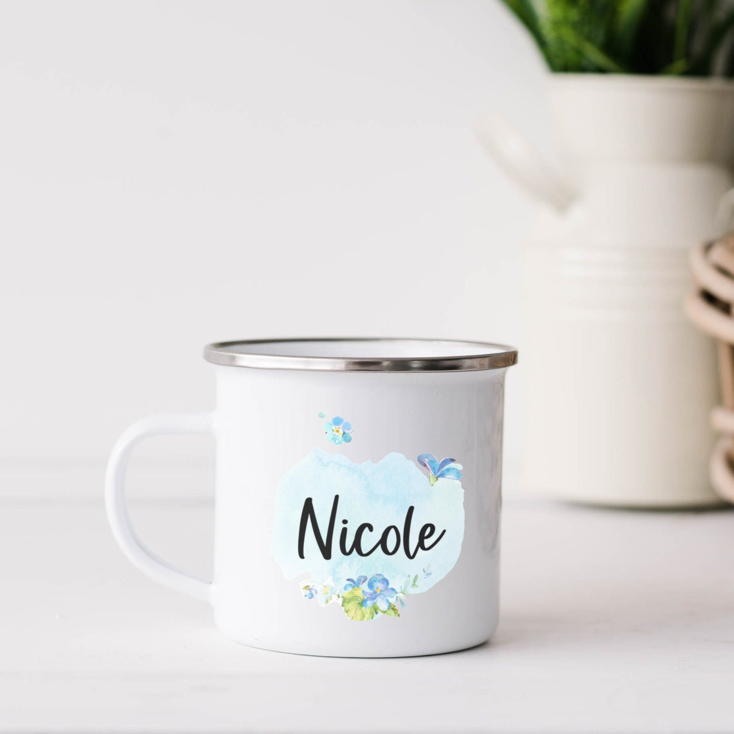 Geschenk Mama Schwester Patentante - Tasse Emailletasse Becher - personalisiert mit floralem Design blau