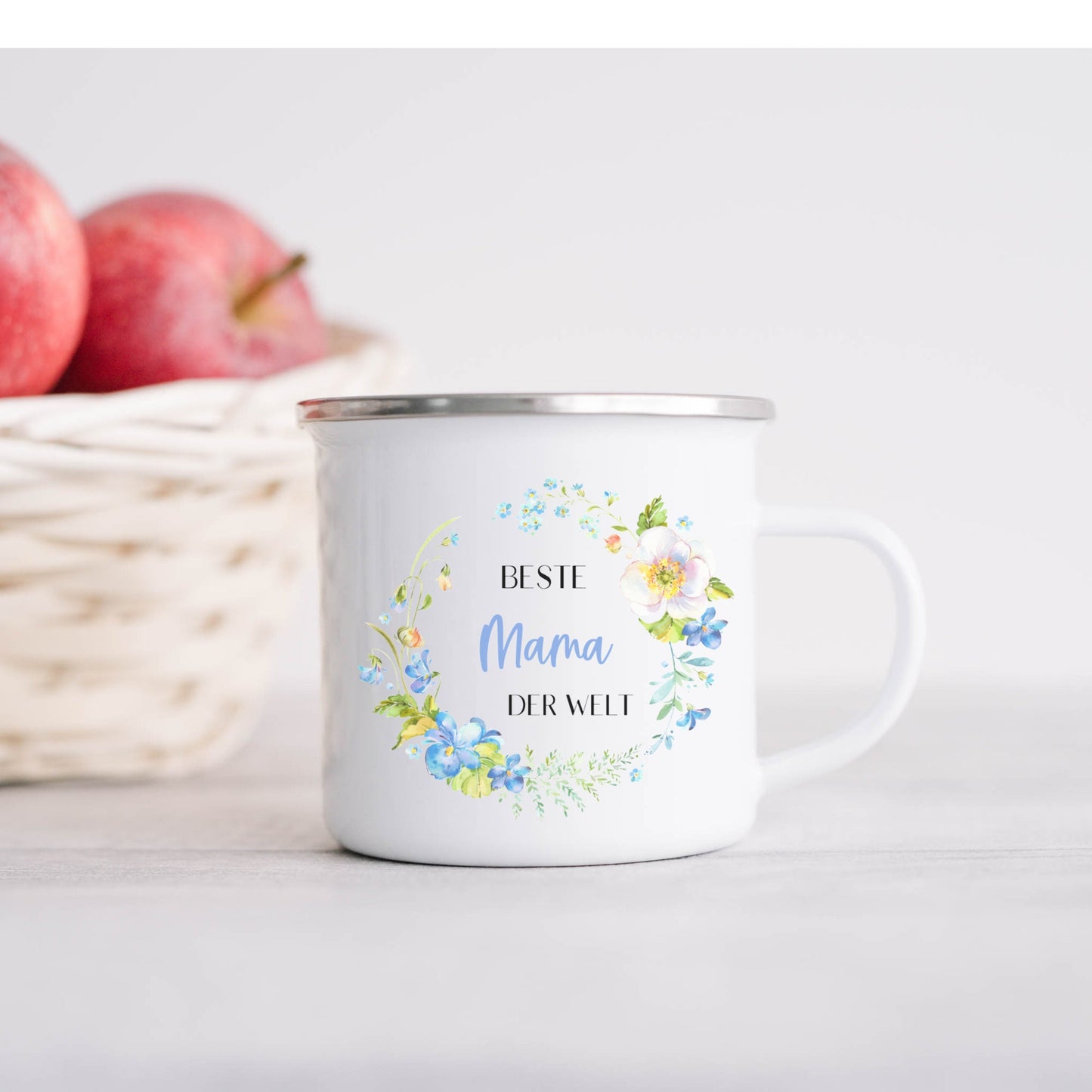 Geschenk Mama Schwester Patentante - Tasse Emailletasse Becher - personalisiert mit floralem Design blau