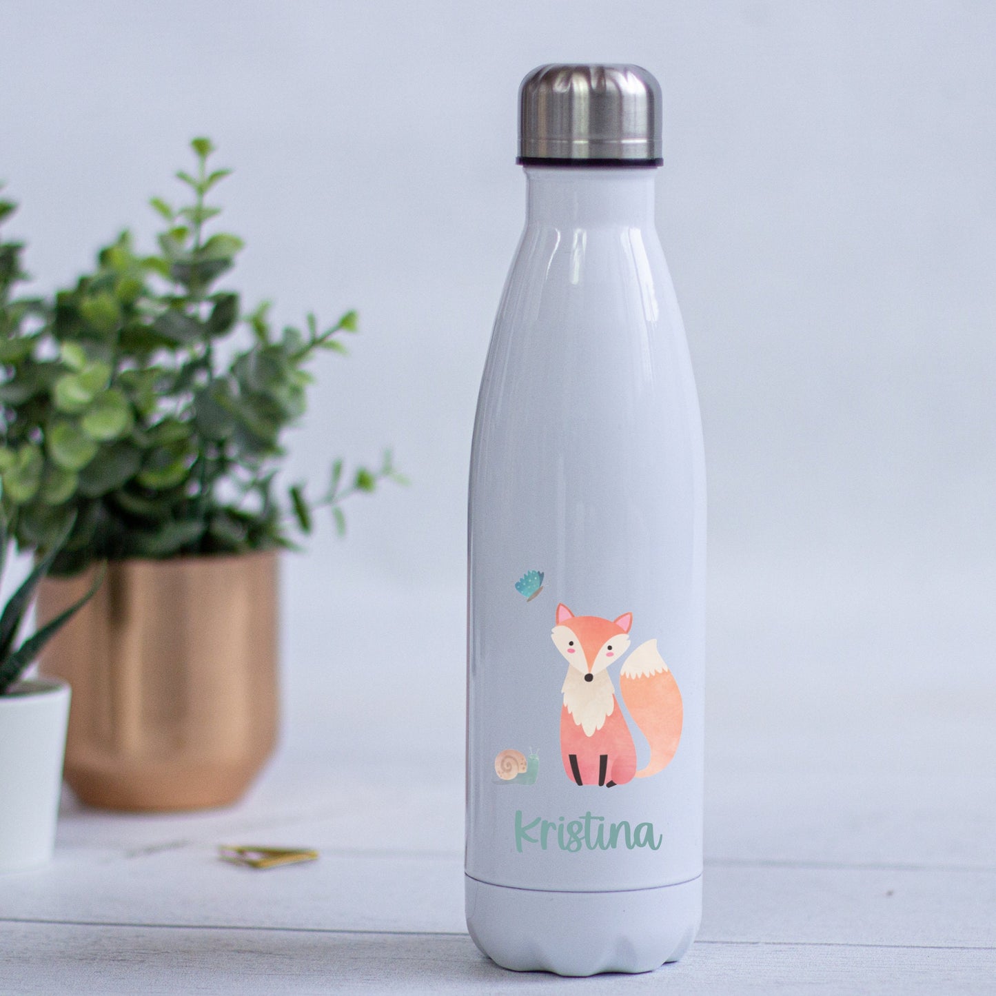 Thermoskanne Trinkflasche Edelstahl personalisiert mit Namen und Waldtieren - toll für Schule, Kindergarten und Freizeit