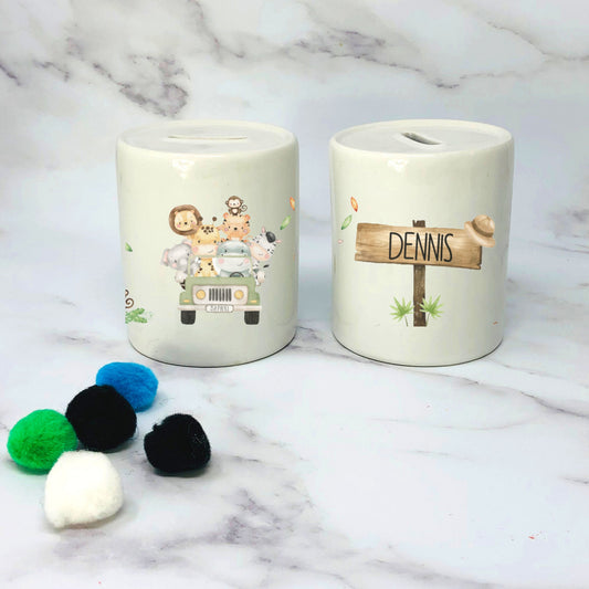 Spardose mit Name - personalisiert - Einschulung Geburt - Safari Tiere