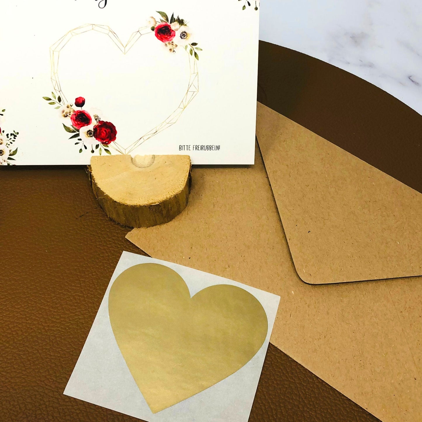 Rubbelkarte zum selbst beschriften Rot Gold - mit Umschlag und Rubbelherz - Patentante Schwangerschaft Geburtstag