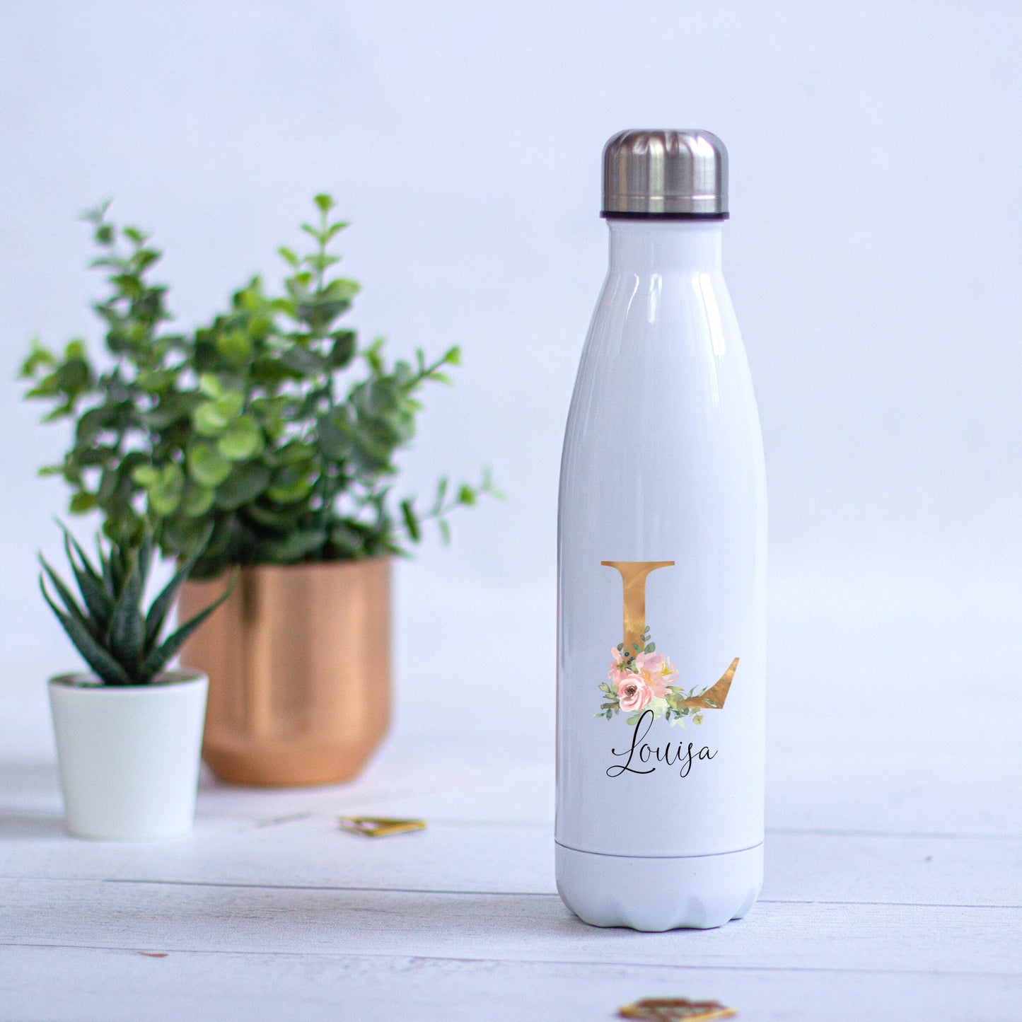 Personalisierte Edelstahl-Trinkflasche für Erzieherinnen - Mit Initial in Gold und Blumendesign