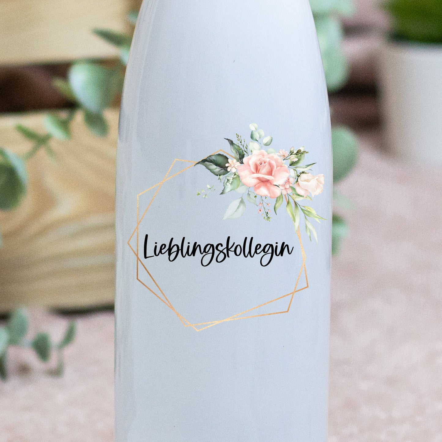 Thermoskanne Trinkflasche Edelstahl personalisiert Blumenrahmen Gold - Design PEONY - tolle Geschenkidee für Sie!