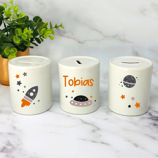 Spardose mit Name - personalisiert - Einschulung Geburt - Design Weltall