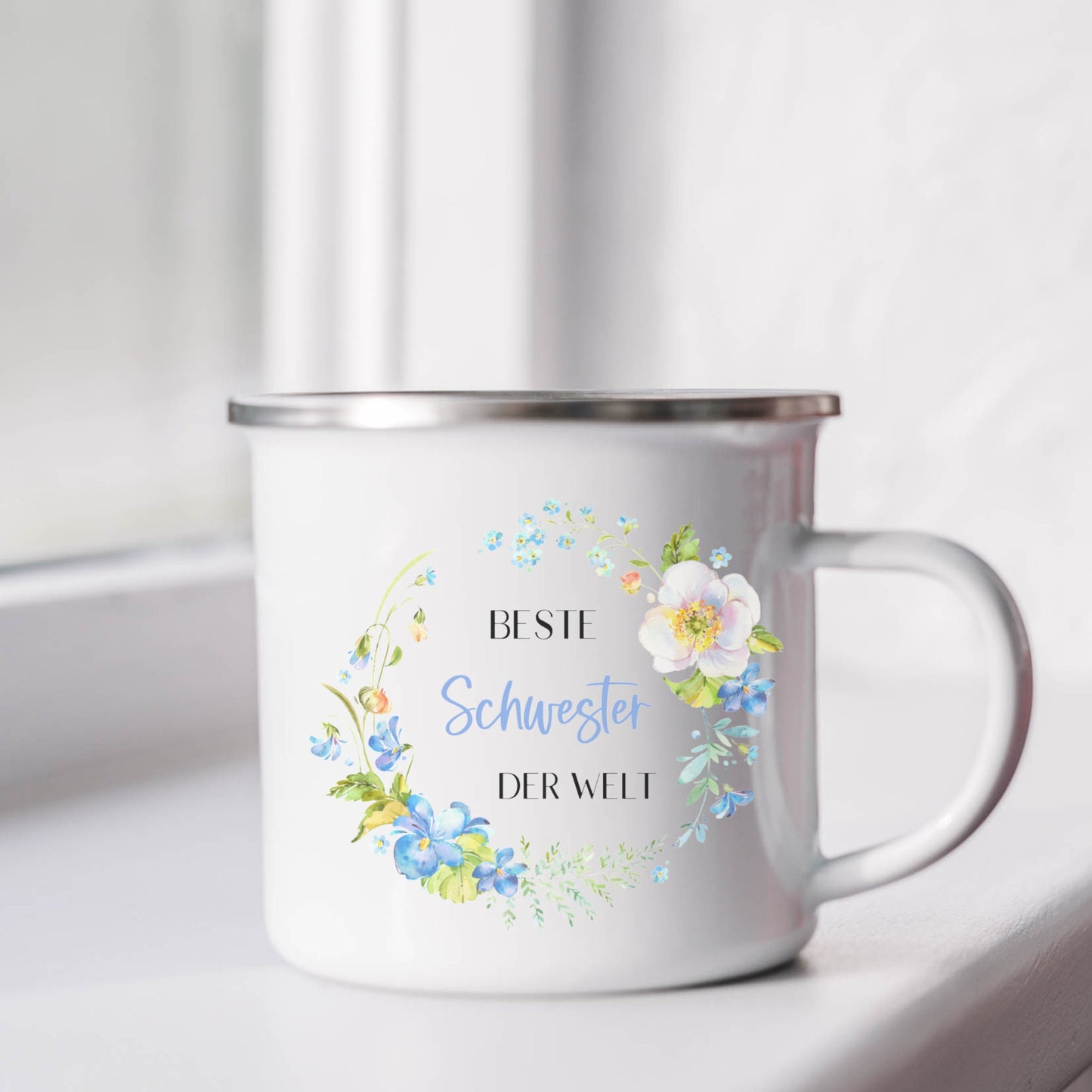 Geschenk Mama Schwester Patentante - Tasse Emailletasse Becher - personalisiert mit floralem Design blau