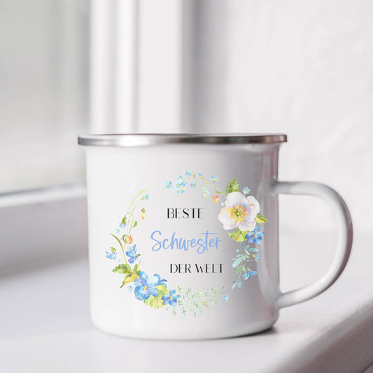 Geschenk Mama Schwester Patentante - Tasse Emailletasse Becher - personalisiert mit floralem Design blau