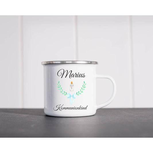 Kommunion Geschenk Emailletasse Patenkind Geschenkidee - Tasse Emaille Becher - personalisiert - 4 verschiedene Motive