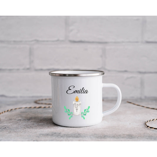 Kommunion Geschenk Emailletasse Patenkind Geschenkidee - Tasse Emaille Becher - personalisiert - 4 verschiedene Motive